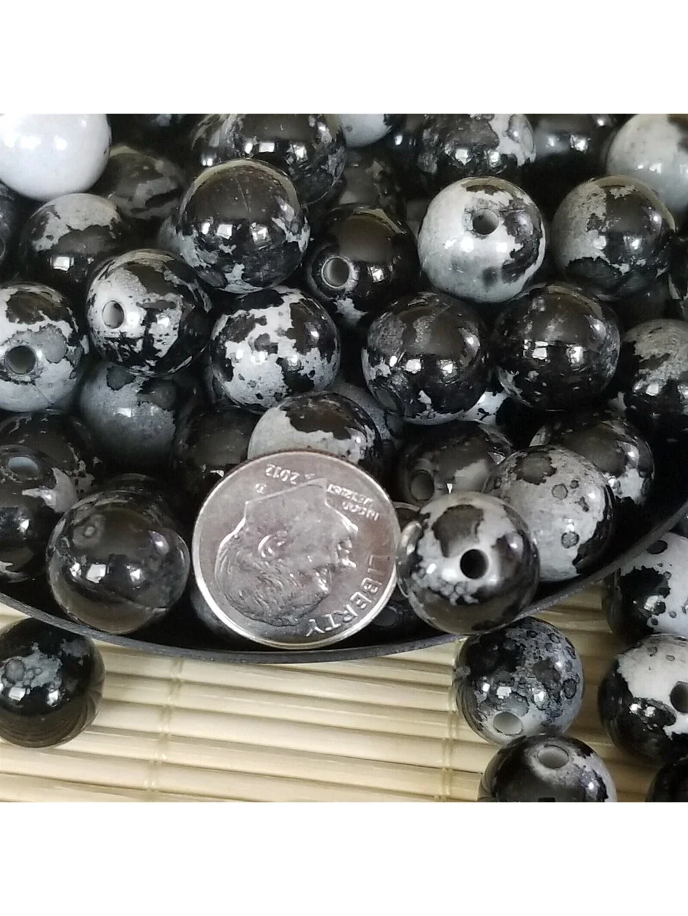 Black Grey Abstract Cow Animal Print 12mm Round Retro Acrylic Art Beads 10 pcs